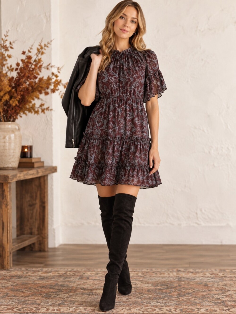 New Whimsigoth Mini Dress ruffled tiered brown/ blue Print flowy NWT sz S